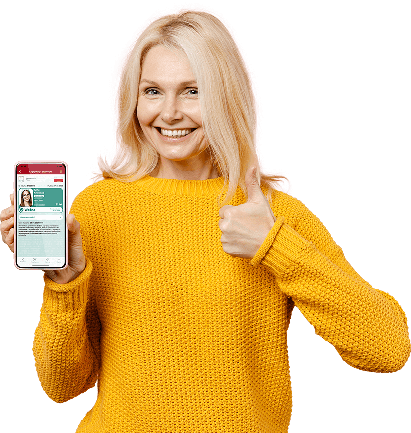 Kobieta z telefonem z aplikacją mObywatel pokazujące znak okej